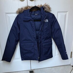 The North Face Dark Blue “Artic Parka” Down Jacket with Faux Fur Hood